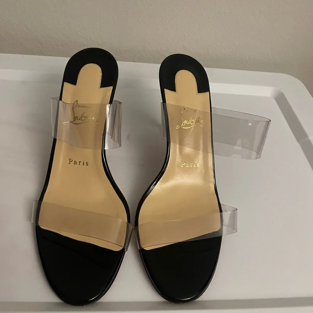 Christian Louboutin Black and Cream Heels with Slingback Design - Picture 5 of 7